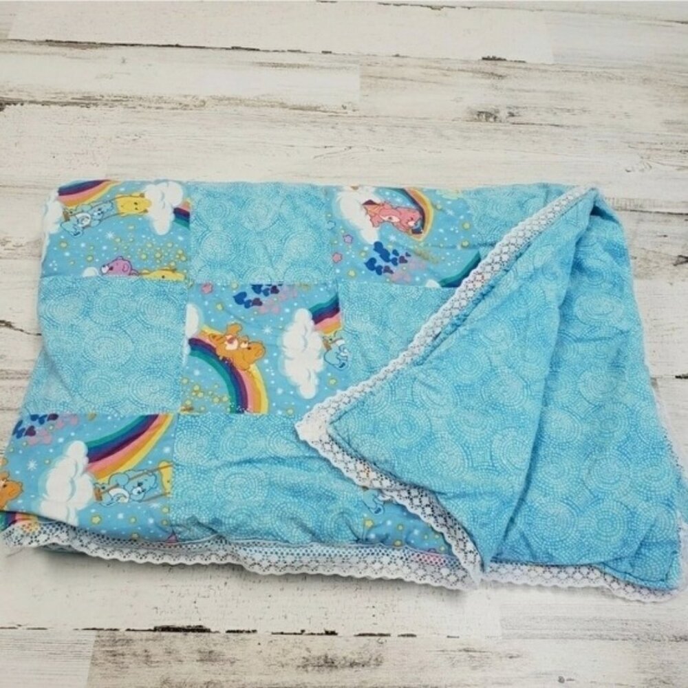 Care Bears 28x40 Blue Handmade Baby Quilt Lace Edge Crib Blanket